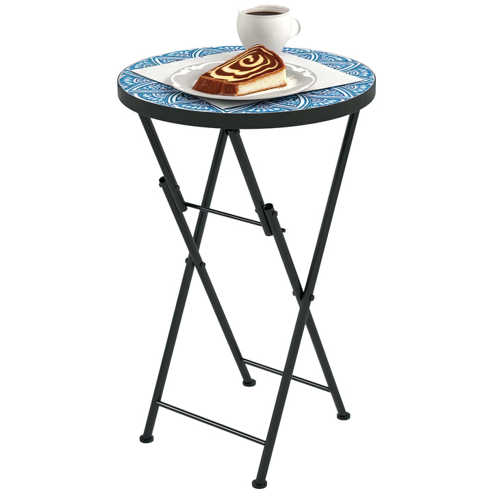 Mesa Auxiliar Redonda Mesa de Jardim Dobrável com Bancada em Mosaico e Pés com Almofadas Antiderrapantes Mesa para Exterior Pátio Varanda Ø35,5x55 cm Azul