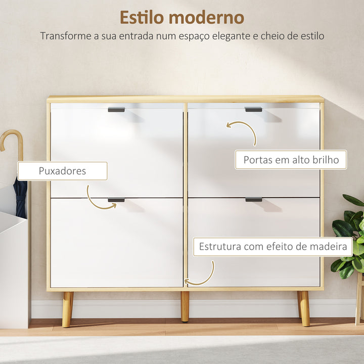 Sapateira Estreita com 4 Portas em Branco Brilho Sapateira de Entrada com Prateleiras Ajustáveis e Pernas de Madeira para 20 Pares de Sapatos 105x24x92,5 cm Branco