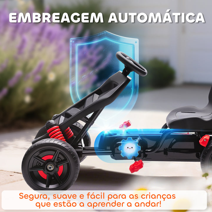 Kart a Pedais para Crianças a Partir dos 3 Anos Kart com Embraiagem Automática Travão Rodas Antiderrapantes em EVA e Estrutura Metálica Carga 50 kg 100x59x60,5 cm Vermelho