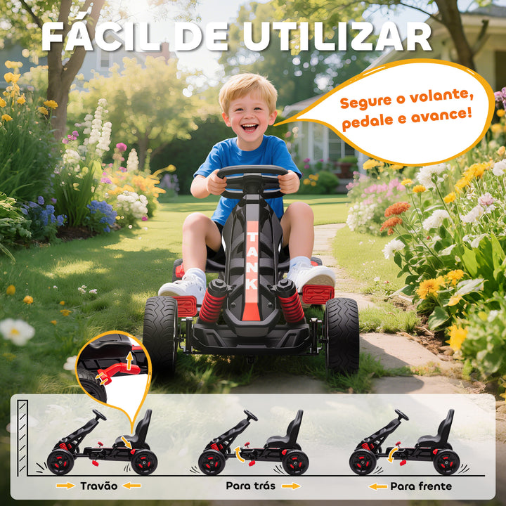 Kart a Pedais para Crianças a Partir dos 3 Anos Kart com Embraiagem Automática Travão Rodas Antiderrapantes em EVA e Estrutura Metálica Carga 50 kg 100x59x60,5 cm Vermelho