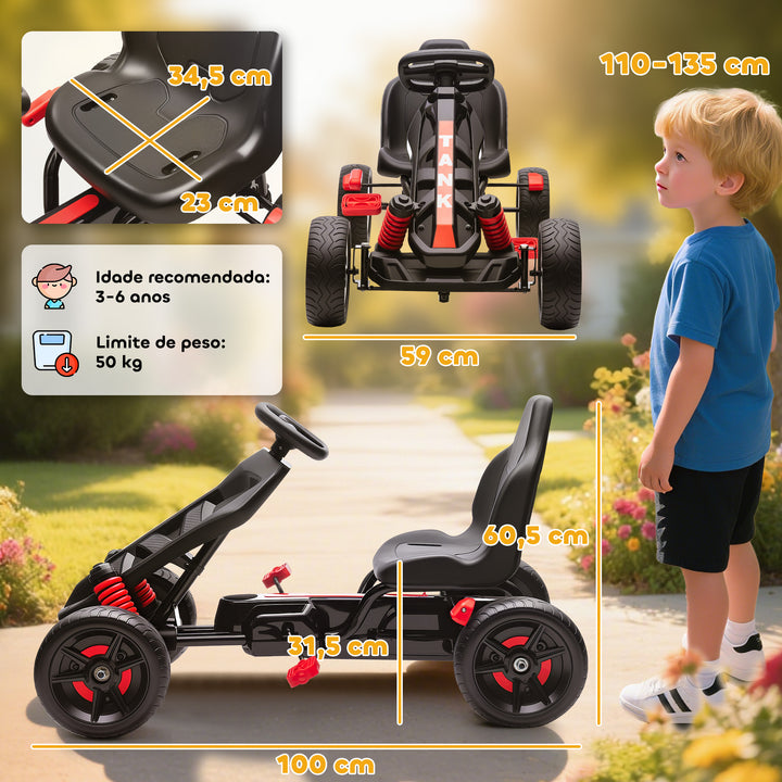 Kart a Pedais para Crianças a Partir dos 3 Anos Kart com Embraiagem Automática Travão Rodas Antiderrapantes em EVA e Estrutura Metálica Carga 50 kg 100x59x60,5 cm Vermelho