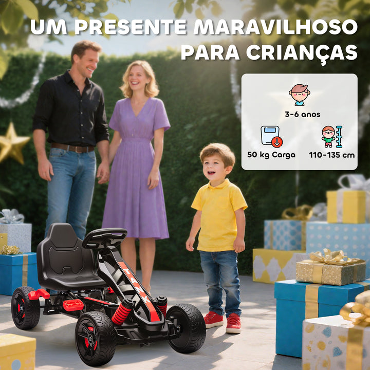 Kart a Pedais para Crianças a Partir dos 3 Anos Kart com Embraiagem Automática Travão Rodas Antiderrapantes em EVA e Estrutura Metálica Carga 50 kg 100x59x60,5 cm Vermelho