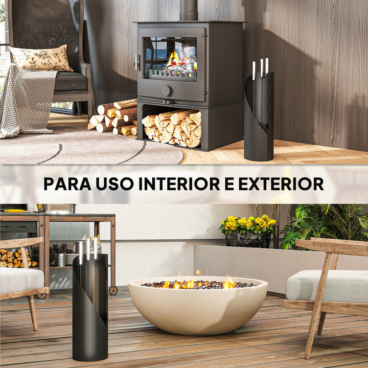 Conjunto de Acessórios para Lareira de 4 Peças Conjunto de Acessórios de Metal com Vassoura Pá Atiçador e Balde 20x20x65 cm Preto e Prateado
