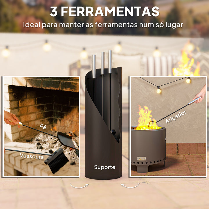 Conjunto de Acessórios para Lareira de 4 Peças Conjunto de Acessórios de Metal com Vassoura Pá Atiçador e Balde 20x20x65 cm Preto e Prateado