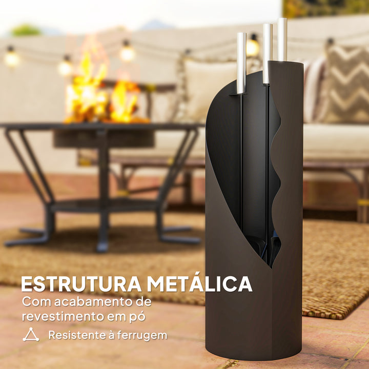 Conjunto de Acessórios para Lareira de 4 Peças Conjunto de Acessórios de Metal com Vassoura Pá Atiçador e Balde 20x20x65 cm Preto e Prateado