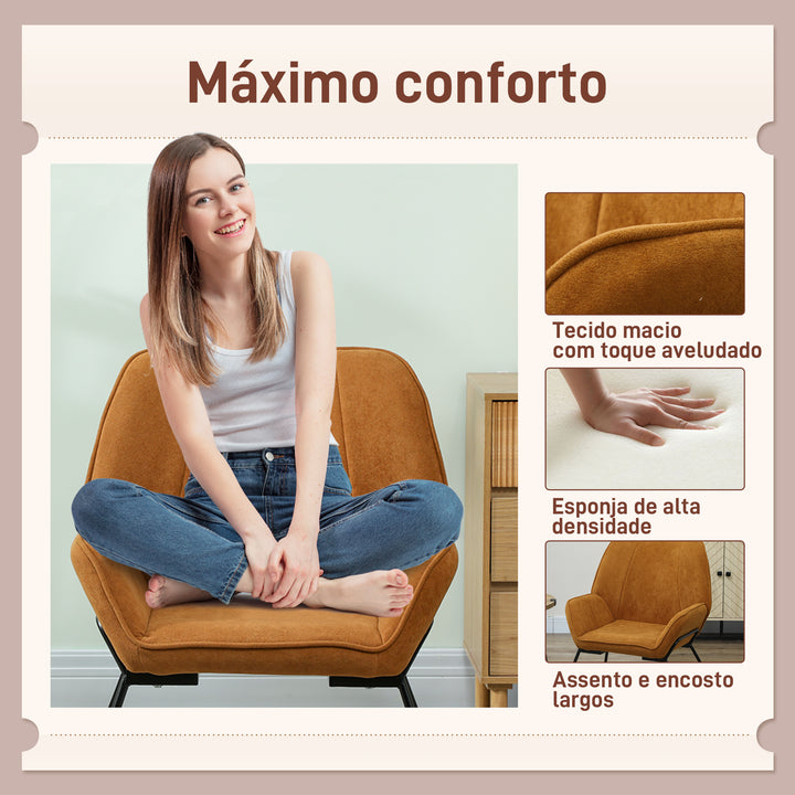 Poltrona Sala de Estar Moderna Poltrona de Leitura com Assento Largo e Acolchoado Estofada em Veludo Pés de Metal Poltrona para Dormitório 70x67,5x87 cm Marrom