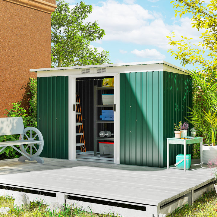 Barracão de jardim tipo galpão de metal para armazenamento de ferramentas 277x130x173cm Aço verde