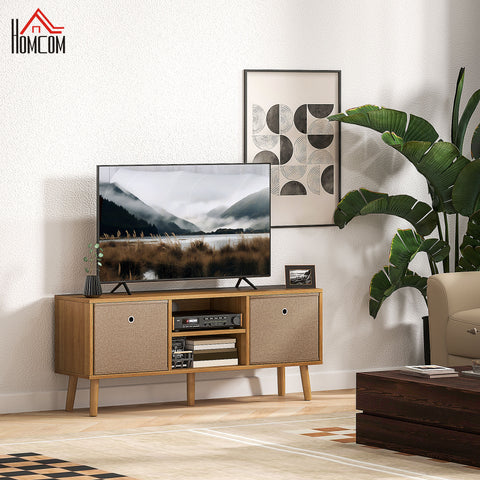 Móvel de TV para Televisores de até 50 Polegadas Móvel de Sala de Estar Moderno com 2 Gavetas de Tecido 2 Prateleiras Abertas e Orifício Passa Cabos 110x29x46,5 cm Madeira e Castanho Claro