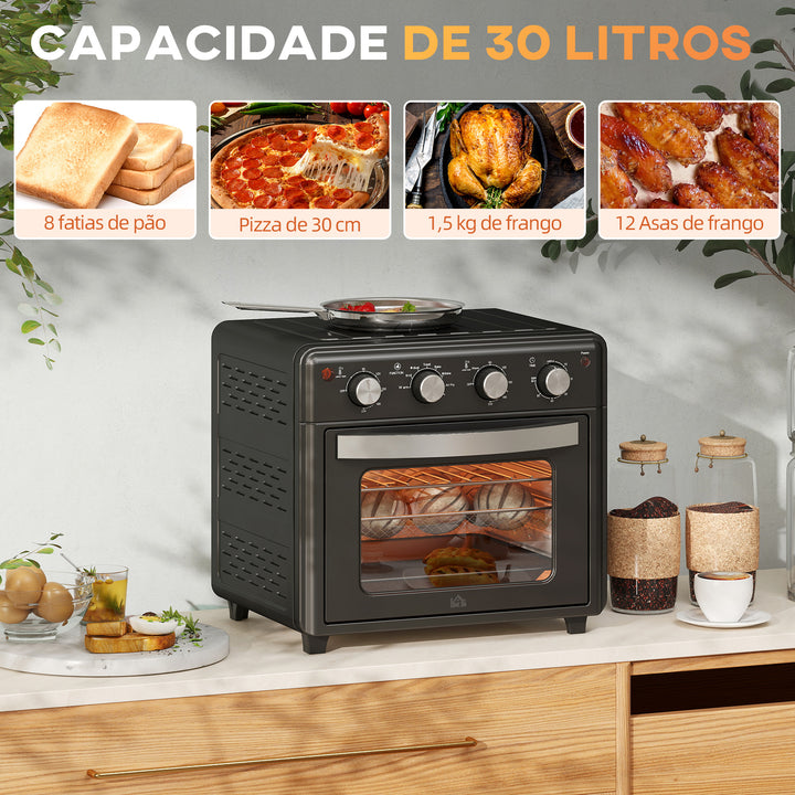 Mini Forno Elétrico Multifuncional Mini Forno Elétrico de 30L 1600W Mini Forno de Convecção com 7 Modos Temporizador e Temperatura Ajustável 43x39x39 cm Preto