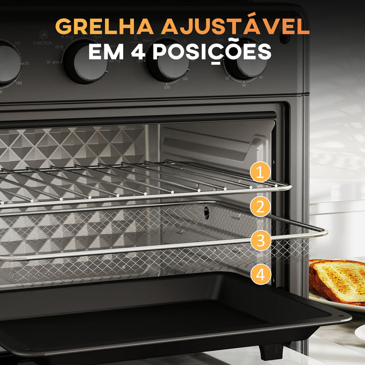 Mini Forno Elétrico Multifuncional Mini Forno Elétrico de 30L 1600W Mini Forno de Convecção com 7 Modos Temporizador e Temperatura Ajustável 43x39x39 cm Preto