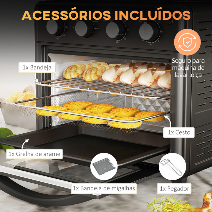 Mini Forno Elétrico Multifuncional Mini Forno Elétrico de 30L 1600W Mini Forno de Convecção com 7 Modos Temporizador e Temperatura Ajustável 43x39x39 cm Preto