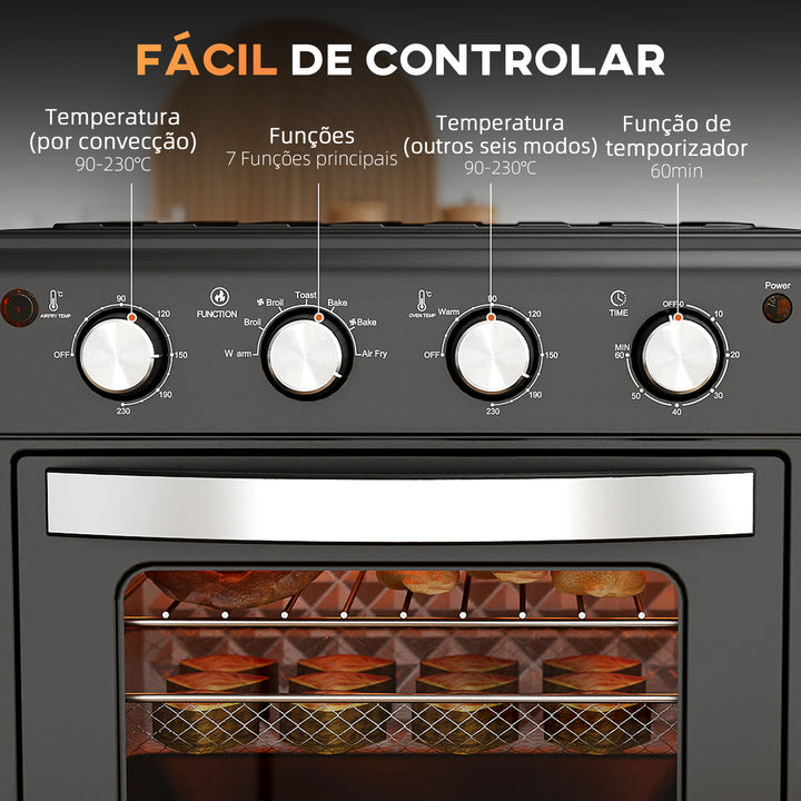 Mini Forno Elétrico Multifuncional Mini Forno Elétrico de 30L 1600W Mini Forno de Convecção com 7 Modos Temporizador e Temperatura Ajustável 43x39x39 cm Preto