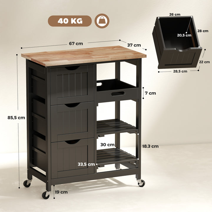 Carrinho de Cozinha com Rodas Carrinho de Serviço Multiuso com 3 Gavetas 2 Prateleiras Abertas e Bandeja para Sala de Jantar Sala de Estar 67x37x85,5 cm Preto
