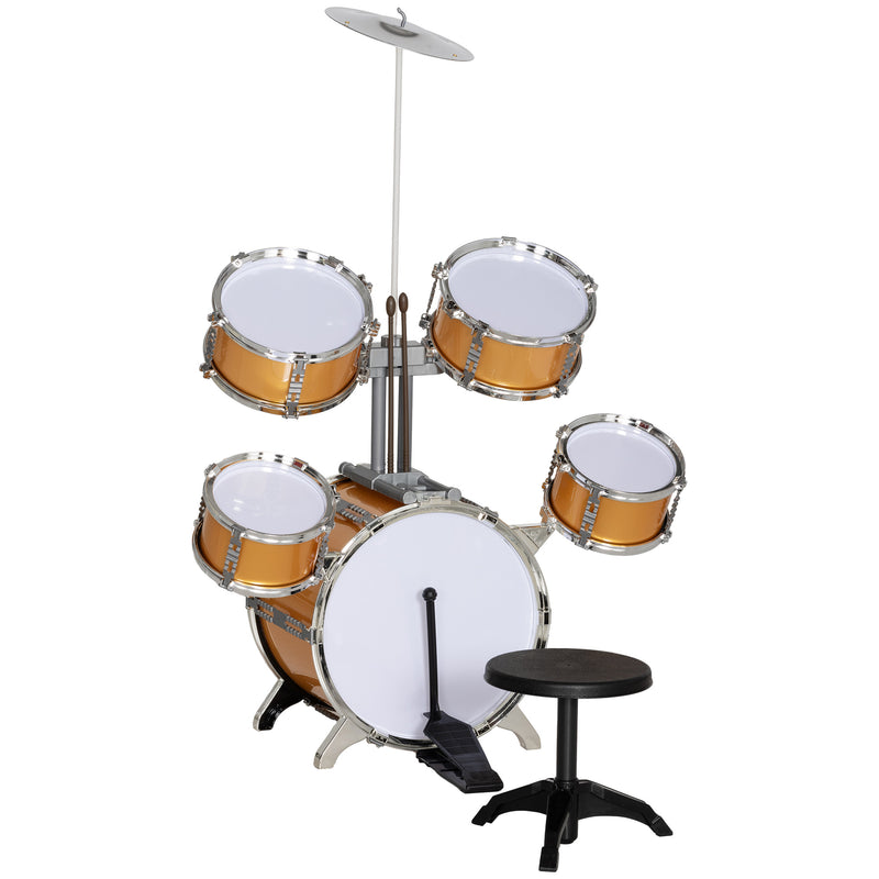 Bateria Infantil Bateria para Crianças acima de 3 Anos com Tambores Bombo Prato Pedal e Baquetas 65x36x76 cm Dourado