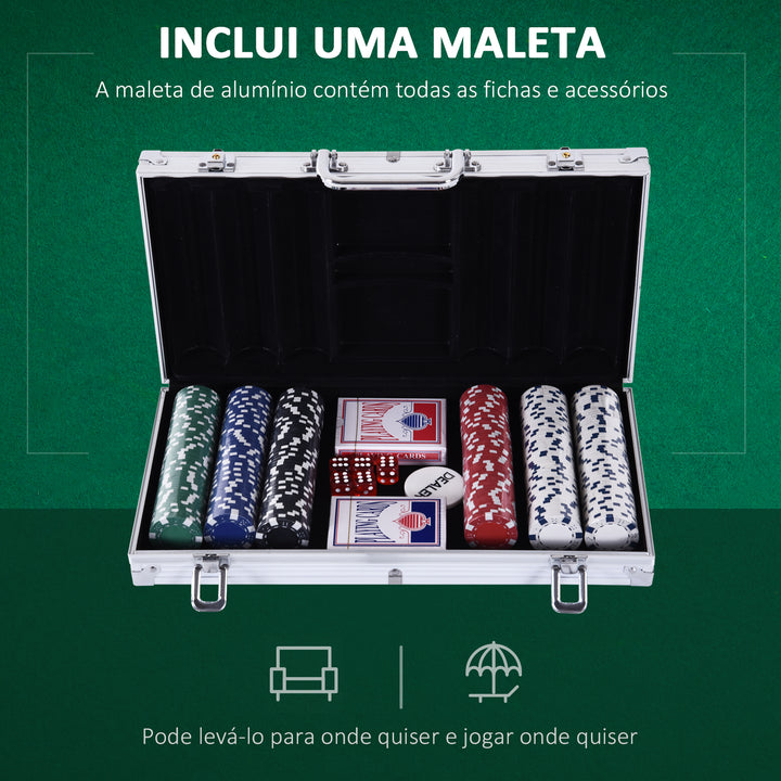 Conjunto de Fichas de Poker com Caixa de Alumínio 5 Dados 1 Botão de Banca e 2 Baralhos de Cartas 38x20,5x6,5 cm