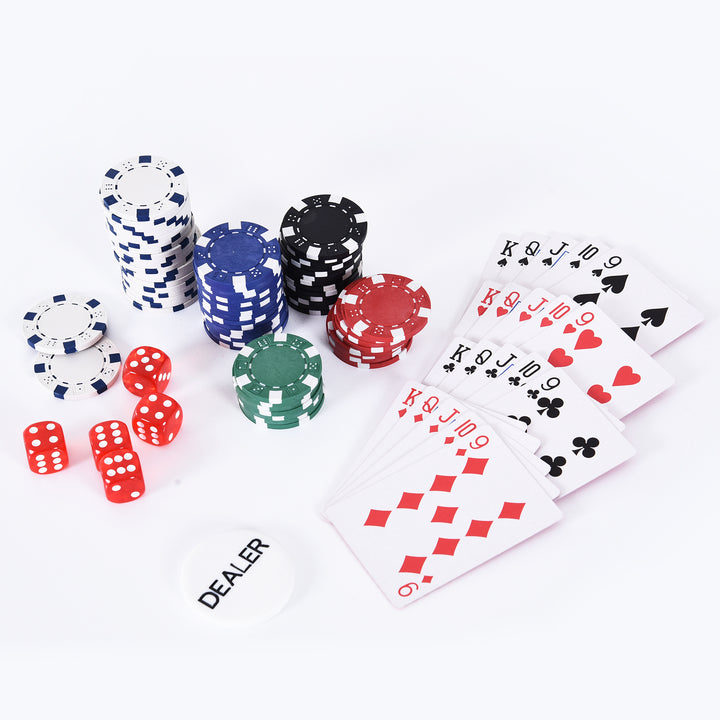 Conjunto de Fichas de Poker com Caixa de Alumínio 5 Dados 1 Botão de Banca e 2 Baralhos de Cartas 38x20,5x6,5 cm