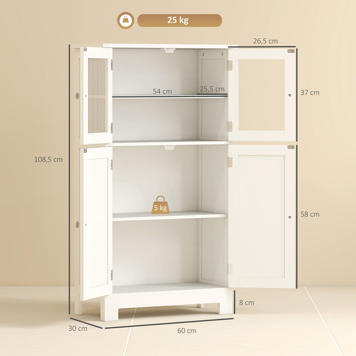 Armário Casa de Banho Móvel Auxiliar com Portas de Vidro Temperado e Prateleiras Ajustáveis para Cozinha Sala de Jantar Sala de Estar 60x30x108,5cm Branco