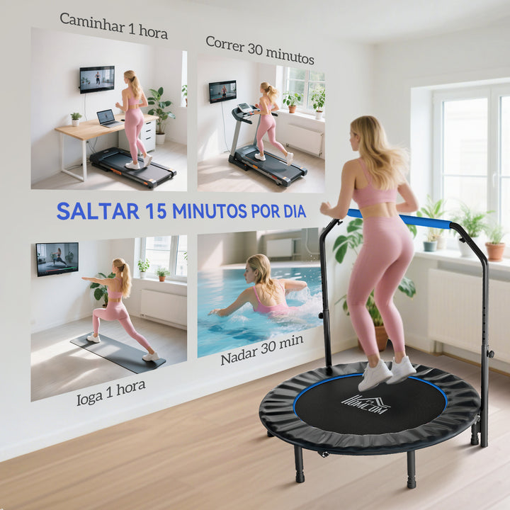 Trampolim Fitness Ø122 Trampolim Dobrável com Pega Ajustável em 4 Níveis Estrutura de Aço para Treino de Pernas Corpo em Casa Escritório Ginásio Azul