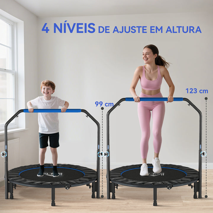 Trampolim Fitness Ø122 Trampolim Dobrável com Pega Ajustável em 4 Níveis Estrutura de Aço para Treino de Pernas Corpo em Casa Escritório Ginásio Azul