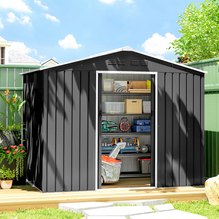 Abrigo de Jardim Exterior 3,6 m² 236x171x191 cm Abrigo de Jardim Metálico com Portas Deslizantes e Aberturas de Ventilação para Armazenamento de Ferramentas Cinzento Escuro