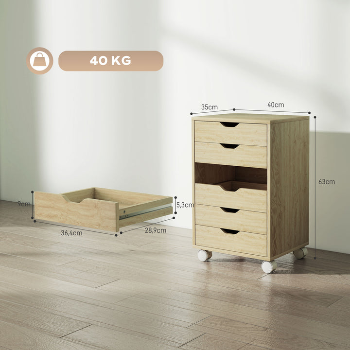 Bloco de Gavetas Móvel Arquivador com 6 Gavetas Suporte para Impressora com Rodas Guias Deslizantes Silenciosas para Escritório Casa 40x35x63 cm Madeira