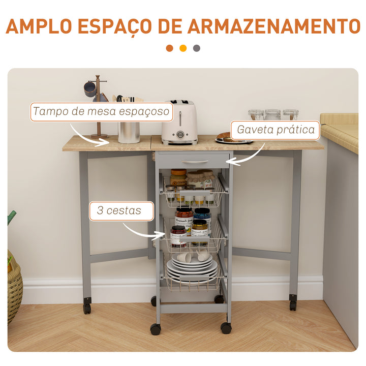 Carrinho de Cozinha Dobrável com Asas Carrinho Auxiliar com Rodas com Gaveta e 3 Cestos de Metal 97,2x37x77,5 cm Cinza e Carvalho