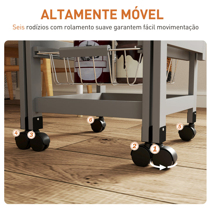 Carrinho de Cozinha Dobrável com Asas Carrinho Auxiliar com Rodas com Gaveta e 3 Cestos de Metal 97,2x37x77,5 cm Cinza e Carvalho