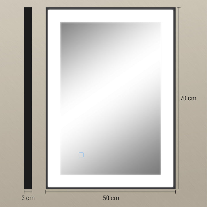 Espelho Casa de Banho com Luz LED 70x50 cm Espelho de Parede com Iluminação Ajustável Função Anti-Embaciamento Função Memória e Estrutura de Liga de Alumínio Preto