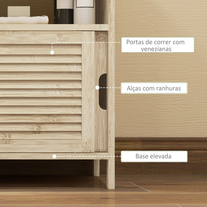 Móvel para Lavatório Pousar em Bambu Armário Debaixo do Lavatório com Portas Deslizantes de Lamas Compartimento Aberto Estilo Moderno 60x30x60 cm Madeira