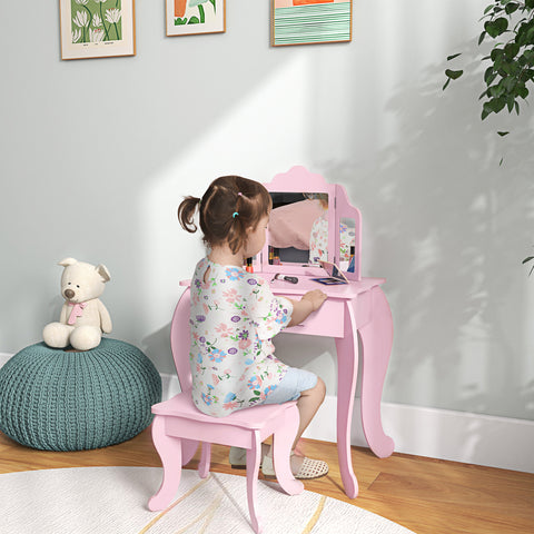 Toucador Infantil de Madeira com Banco e Espelho de Acrílico de 2 Seções Mesa de Maquilhagem Infantil com Gaveta para Dormitório Sala de Jogos 63x40x85,5 cm Rosa