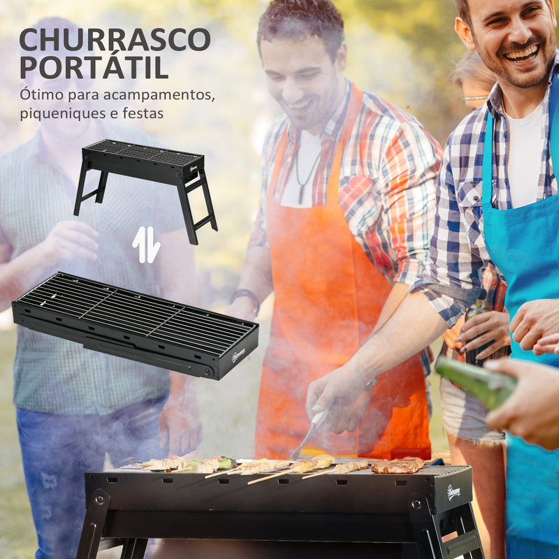 Barbecue a Carvão Dobrável Barbecue Portátil com Grelhas de Aço Inoxidável Barbecue de Carvão para Exterior Campismo Jardim 74x20x38 cm Preto