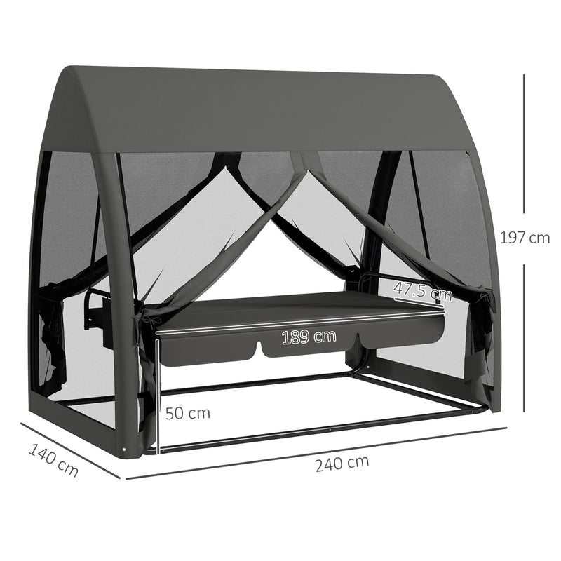 Baloiço de Jardim de 3 Lugares Convertível em Cama com Rede Mosquiteira Estrutura de Metal para Jardim Terraço Carga 300kg 240x140x197 cm Cinza Escuro