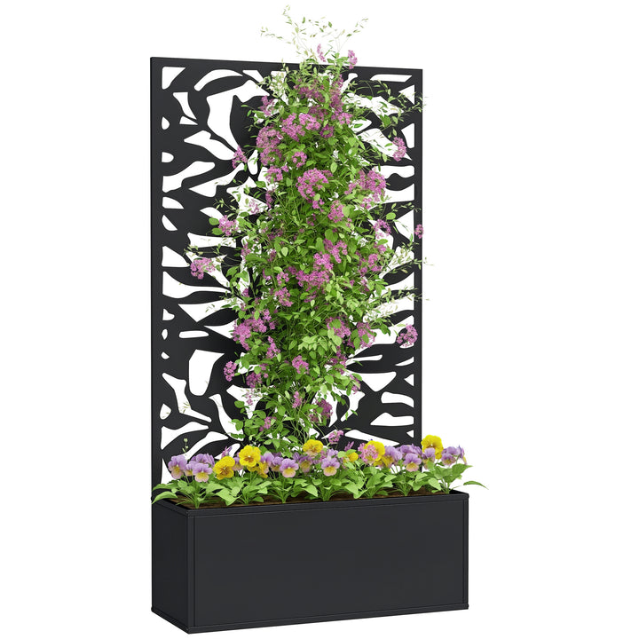 Floreira Exterior Grande de Metal com Painel de Privacidade de Folhas Sólidas Decorativas Floreira de Parede ou Independente para Jardim Terraço 61x23x113 cm Preto