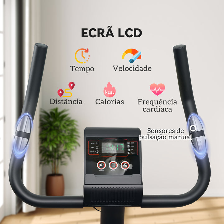Bicicleta Estática Silenciosa com 8 Níveis de Resistência Magnética Sensor de Frequência Assento Ajustável Ecrã LCD e Suporte para Telemóvel Carga 100 kg 88x50,5x131,5 cm Preto