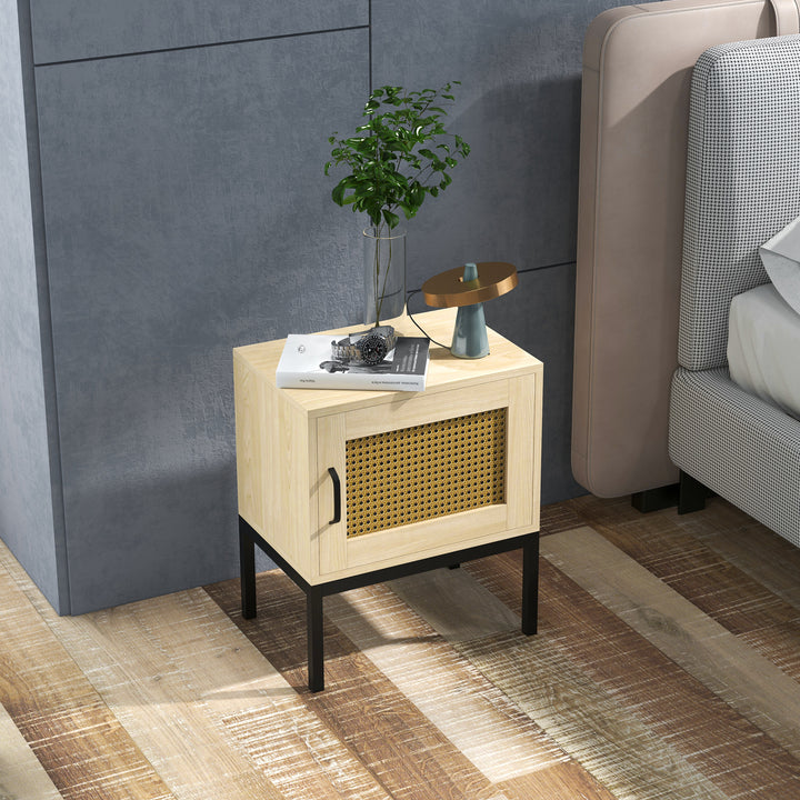 Mesa de Cabeceira com Porta de Vime Mesa de Cabeceira Estilo Cannage com Pés de Metal para Sala de Estar Dormitório 43x30x51 cm Madeira e Preto