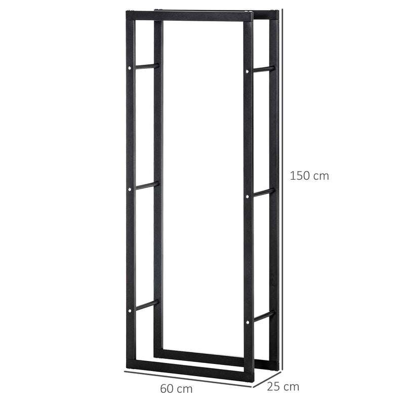 Suporte para Lenha de Metal Porta Lenha Metálico para Interior e Exterior Carga Máxima 100 kg 60x25x150 cm Preto