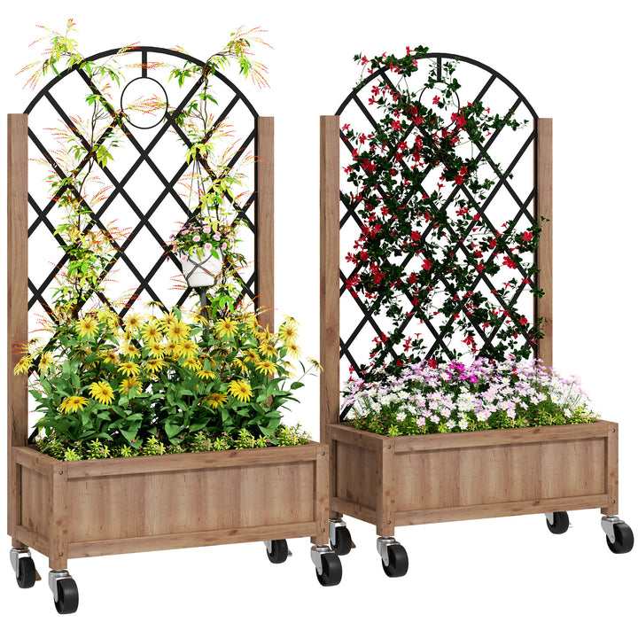 Conjunto de 2 Jardineiras de Exterior Jardineiras com Treliça Metálica para Plantas Trepadeiras Vasos com Rodas para Jardim Pátio 52x25x97 cm Madeira