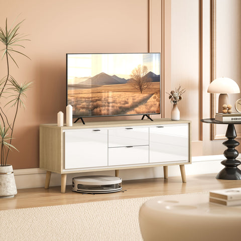 Móvel de TV Moderno de 2 Portas Móvel TV para Sala com 2 Gavetas Orifícios Passa-Cabos Prateleiras Removíveis e Ajustáveis para Televisão 55 Polegadas 120x35x50 cm Branco Brilho e Carvalho