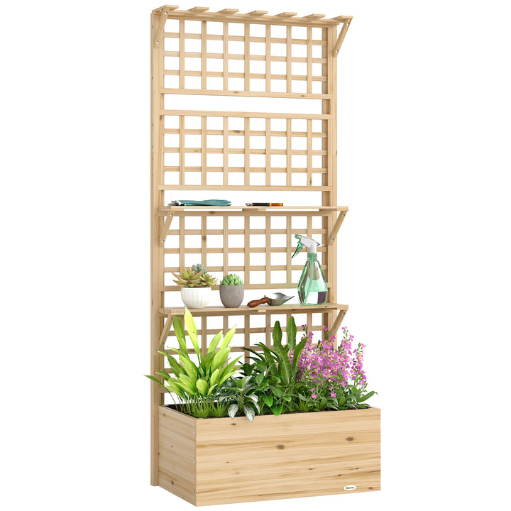 Jardineira com Treliça e Teto em Madeira, Jardineira Exterior Grande para Plantas Trepadeiras, com 2 Prateleiras, Drenagem e Forro, Floreira Elevada para Pátio, Terraço, 76x43,5x177 cm, Natural