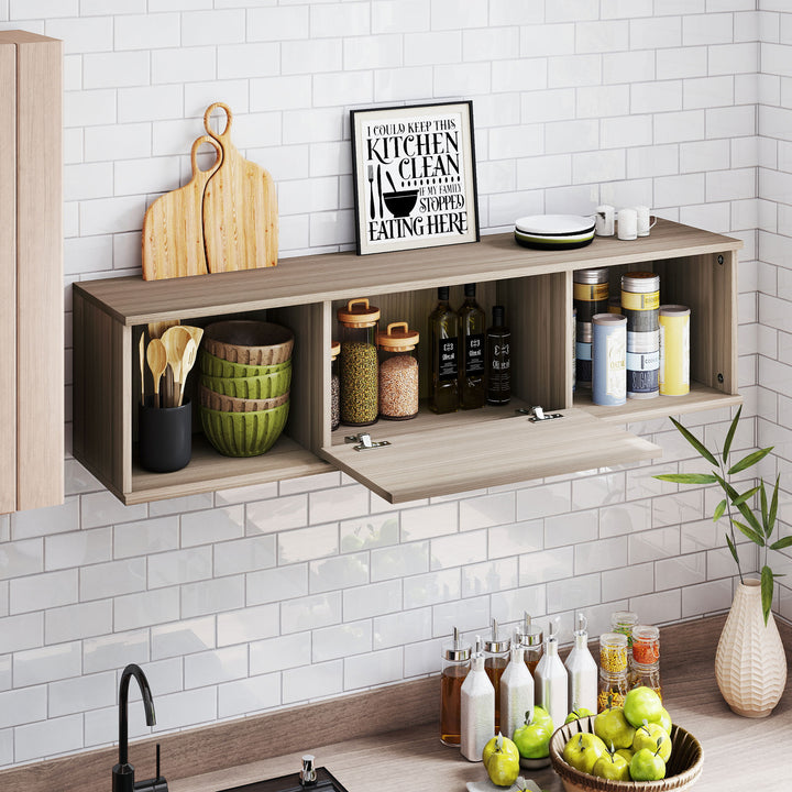 Armário de Parede Móvel para TV Suspenso com 2 Compartimentos Abertos e Porta Rebatível 120x30x29,5 cm Marrom Escuro