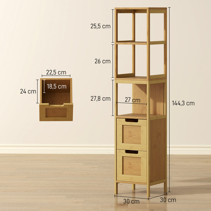 Coluna Casa de Banho com 3 Prateleiras e 2 Gavetas Armário Alto para Casa de banho Estilo Moderno 30x30x144,3 cm Madeira