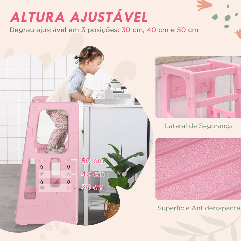 Torre de Aprendizagem para Crianças Banco Infantil com Altura Ajustável em 3 Posições e Plataforma Antiderrapante para Cozinha Sala de Jantar Casa de Banho 47x47x90cm Rosa