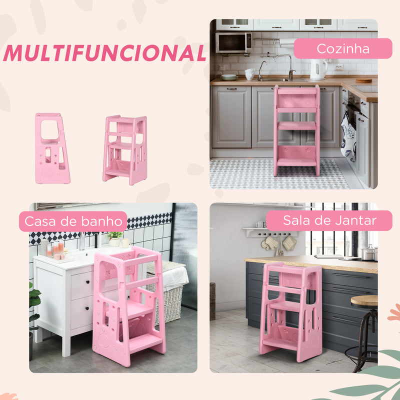 Torre de Aprendizagem para Crianças Banco Infantil com Altura Ajustável em 3 Posições e Plataforma Antiderrapante para Cozinha Sala de Jantar Casa de Banho 47x47x90cm Rosa