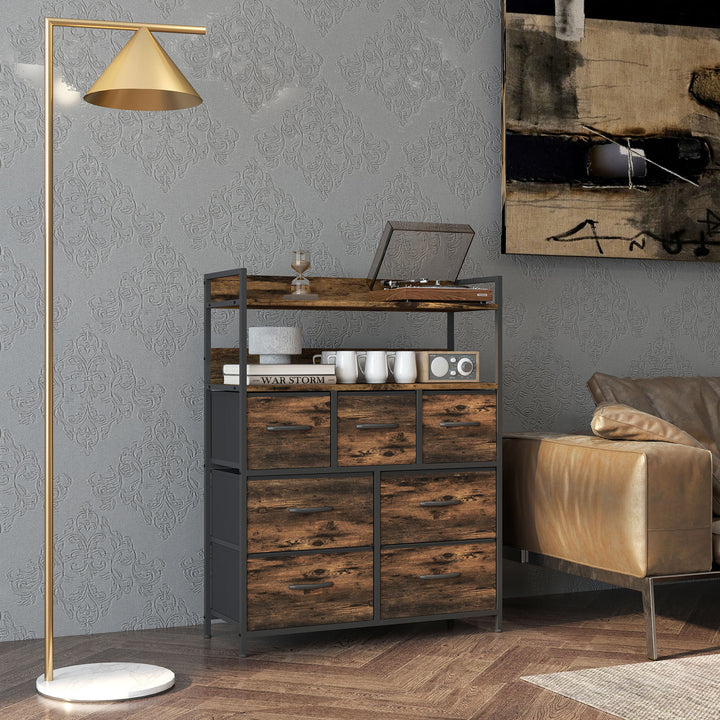 Cómoda para Dormitório Cómoda com 7 Gavetas Dobráveis Prateleiras Abertas e Estrutura de Aço Cómoda Estreito para Sala Entrada 79x29x101 cm Castanho Rústico