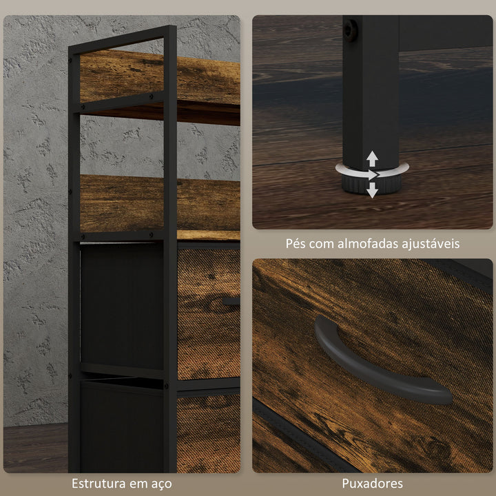 Cómoda para Dormitório Cómoda com 7 Gavetas Dobráveis Prateleiras Abertas e Estrutura de Aço Cómoda Estreito para Sala Entrada 79x29x101 cm Castanho Rústico