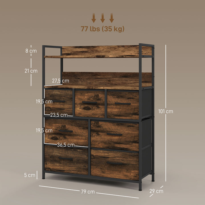 Cómoda para Dormitório Cómoda com 7 Gavetas Dobráveis Prateleiras Abertas e Estrutura de Aço Cómoda Estreito para Sala Entrada 79x29x101 cm Castanho Rústico