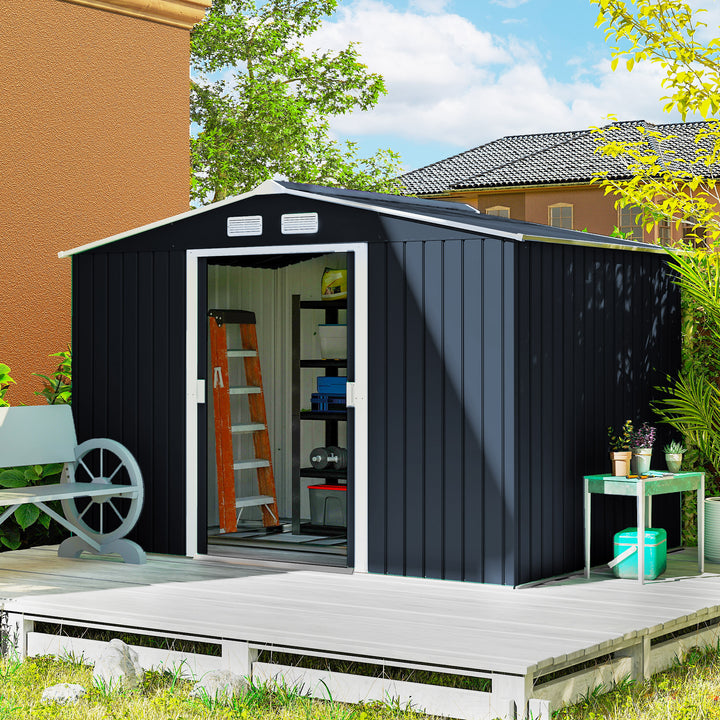Abrigo de Jardim Exterior Abrigo e Jardim Metálico para Armazenamento de Ferramentas com Base Incluída e 4 Janelas 277x195x192cm Cinza Escuro