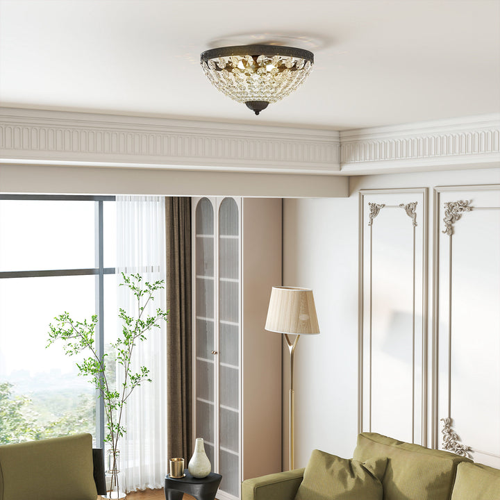 Candeeiro de Teto de Cristal Clássico com 2 Suportes E14 40W Candeeiro de Teto Vintage com 168 Contas de Cristal para Quarto Sala Cozinha e Sala de Jantar Preto
