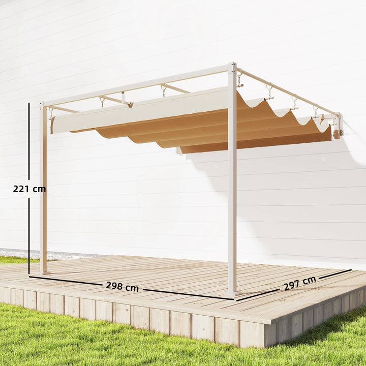 Pérgola de Parede para Jardim 3x3 m Estrutura de Aço com Teto Retrátil Proteção UPF30+ Orifícios de Drenagem Pérgola para Terraço ou Exterior Bege
