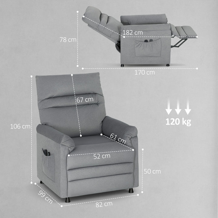 Poltrona de Massagem com Aquecimento Lombar e Massagem por Vibração Poltrona Relax Reclinável Elétrica Motor Silencioso Função de Memória Bolsos Laterais e Controlo Remoto 82x99x106 cm Cinzento